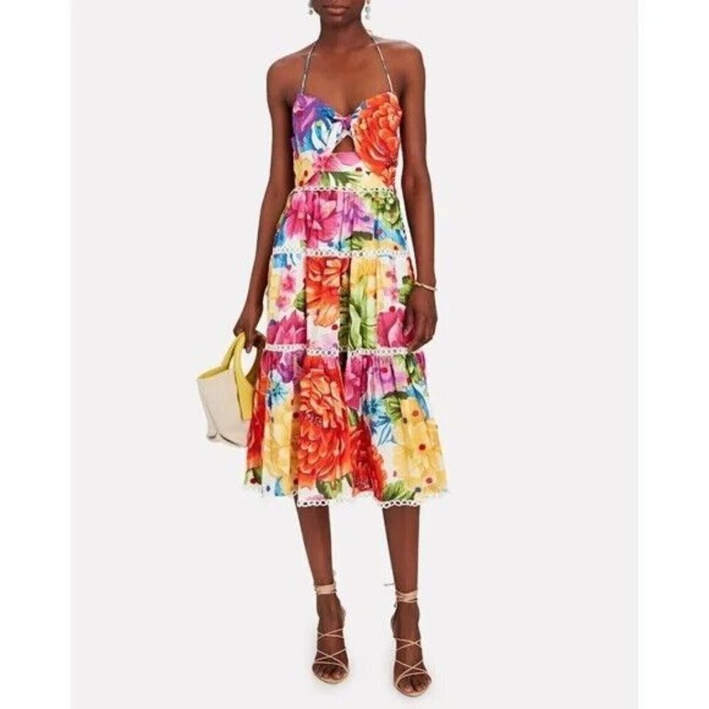 Farm Rio XS Rainbow Chita Floral Print Midi Dress Halter Bow Cocktail Party